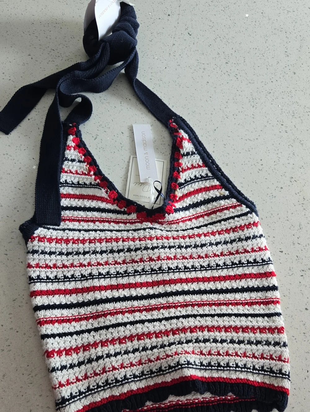 moon & madison Striped Crochet Halter Top in Navy, White & Red